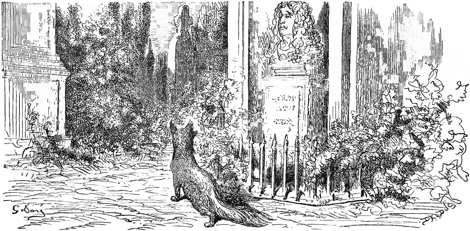 Le-Renard-et-Le-Buste-de-Jean-de-La-Fontaine-dans-Les-Fables-Gravure-de-Gustave-Dore-1876